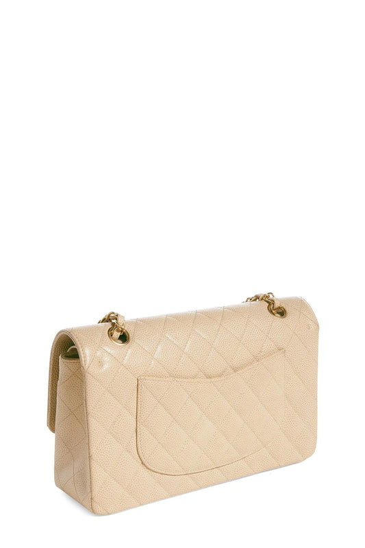 Quilted Caviar Medium Classic Flap Bag Beige with Gold Hardware