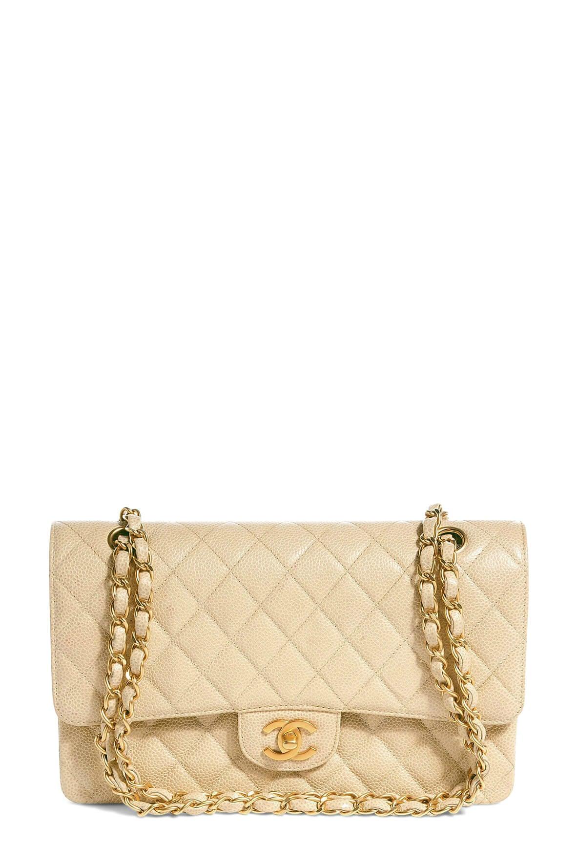 Quilted Caviar Medium Classic Flap Bag Beige with Gold Hardware