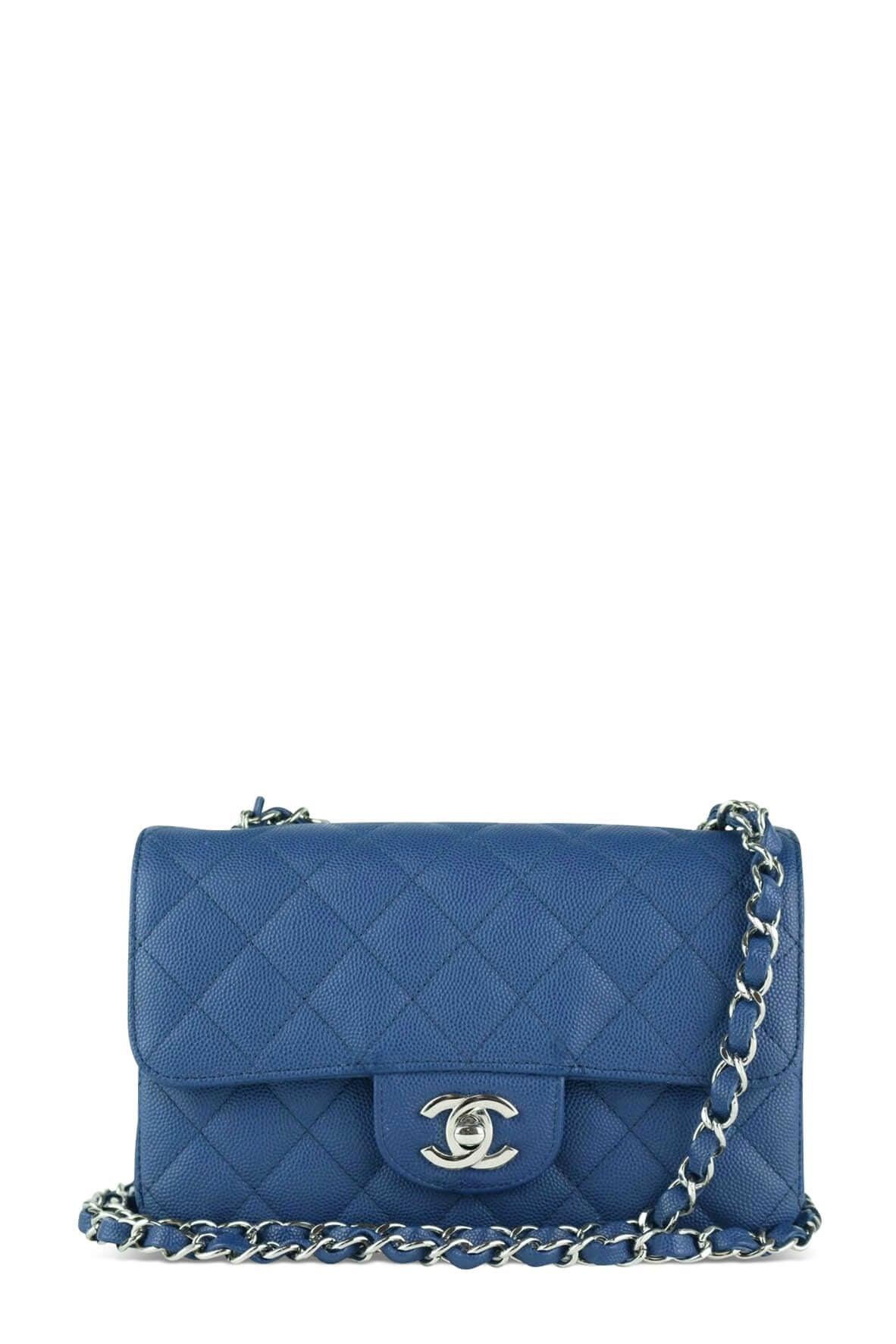 Quilted Caviar New Mini Classic Single Flap Blue with Silver Hardware