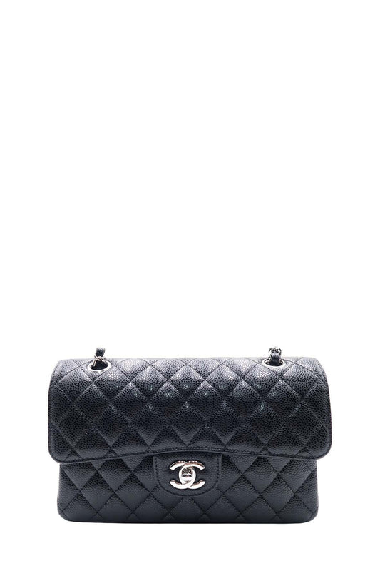 Quilted Classic Small Double Flap Bag with Silver Hardware Black