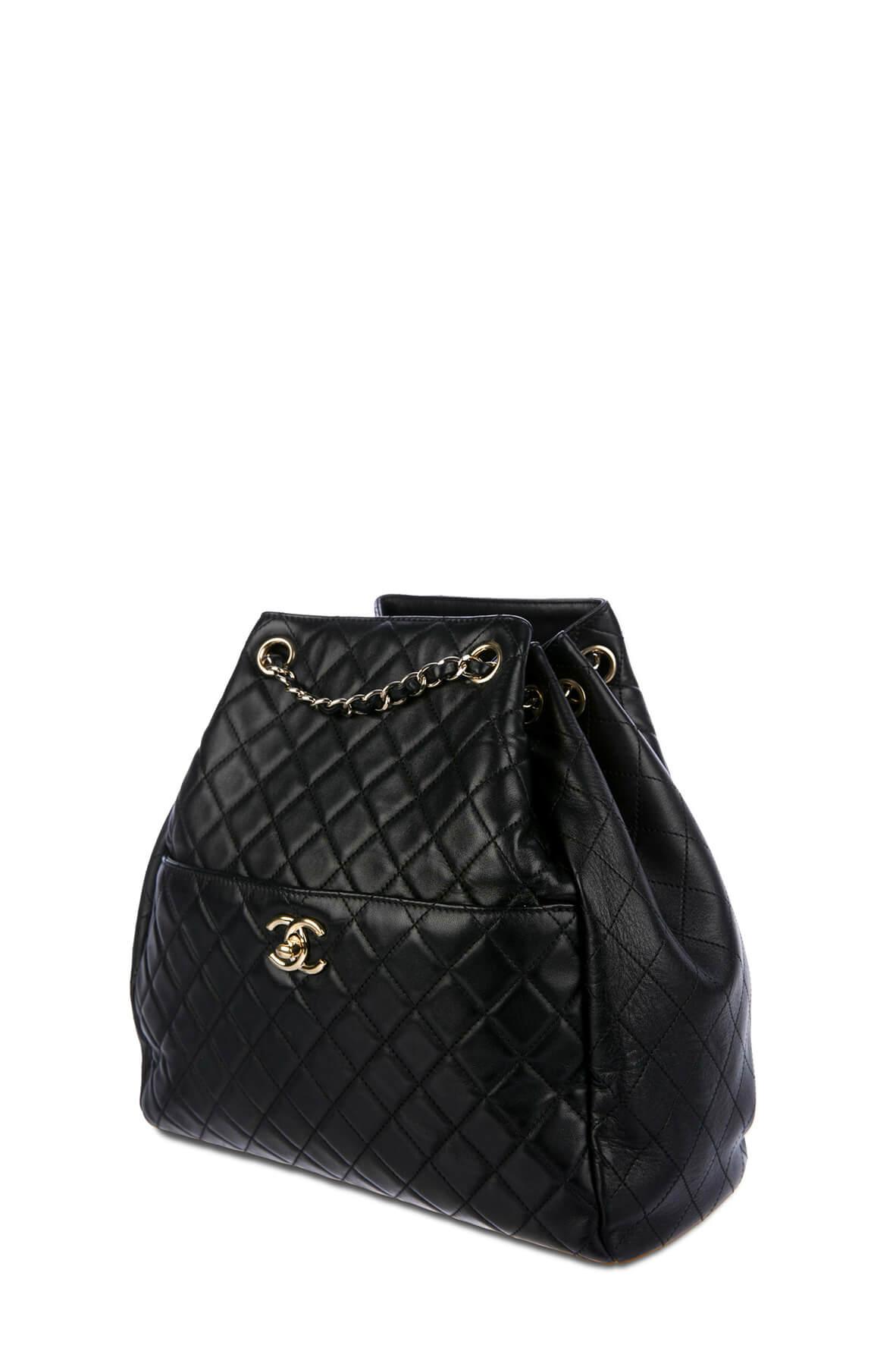 Quilted Lambskin CC Lock Drawstring Bucket Bag Black with Gold Hardware