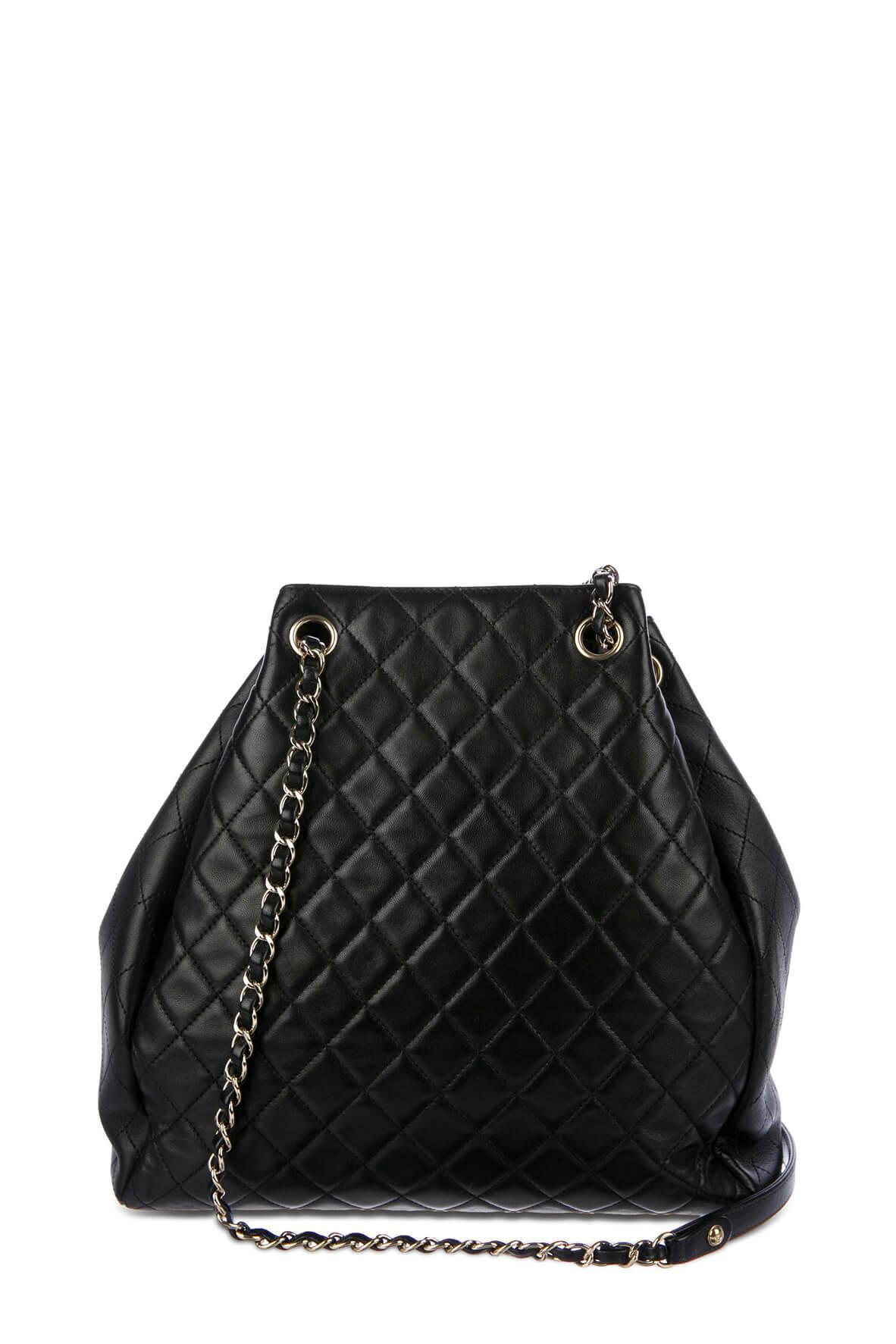 Quilted Lambskin CC Lock Drawstring Bucket Bag Black with Gold Hardware