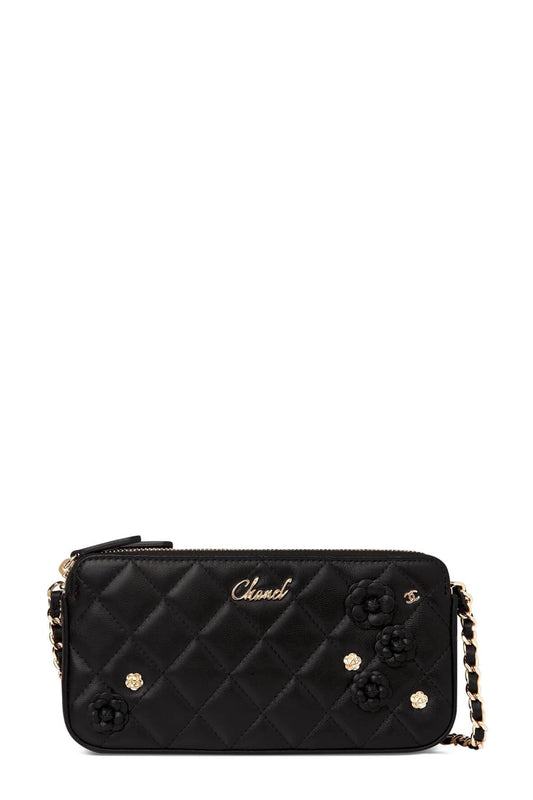 Quilted Lambskin Clutch with Chain Black Camellia Charms