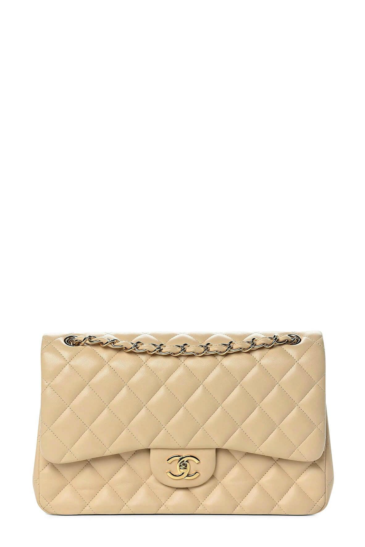 Quilted Lambskin Jumbo Classic Flap Bag Beige with Gold Hardware