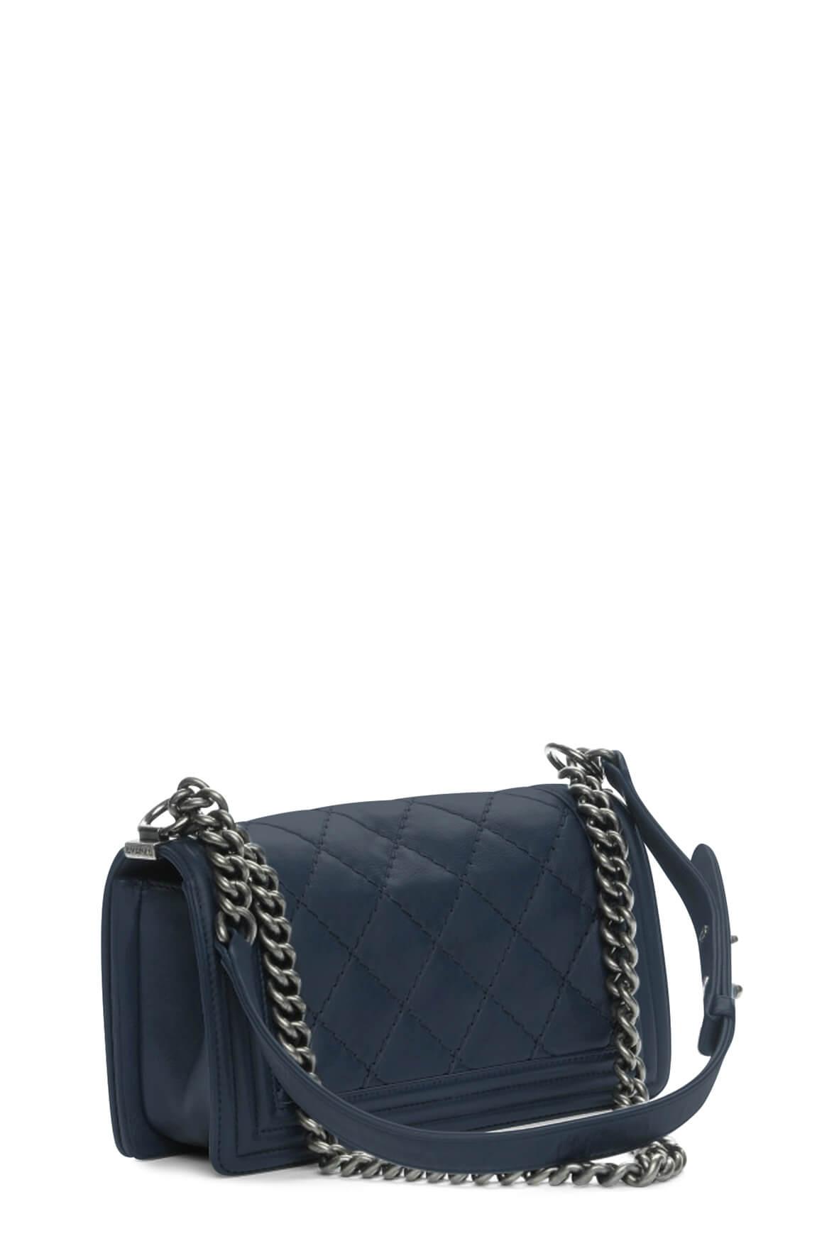 Quilted Lambskin Old Medium Boy Navy in Ruthenium Hardware