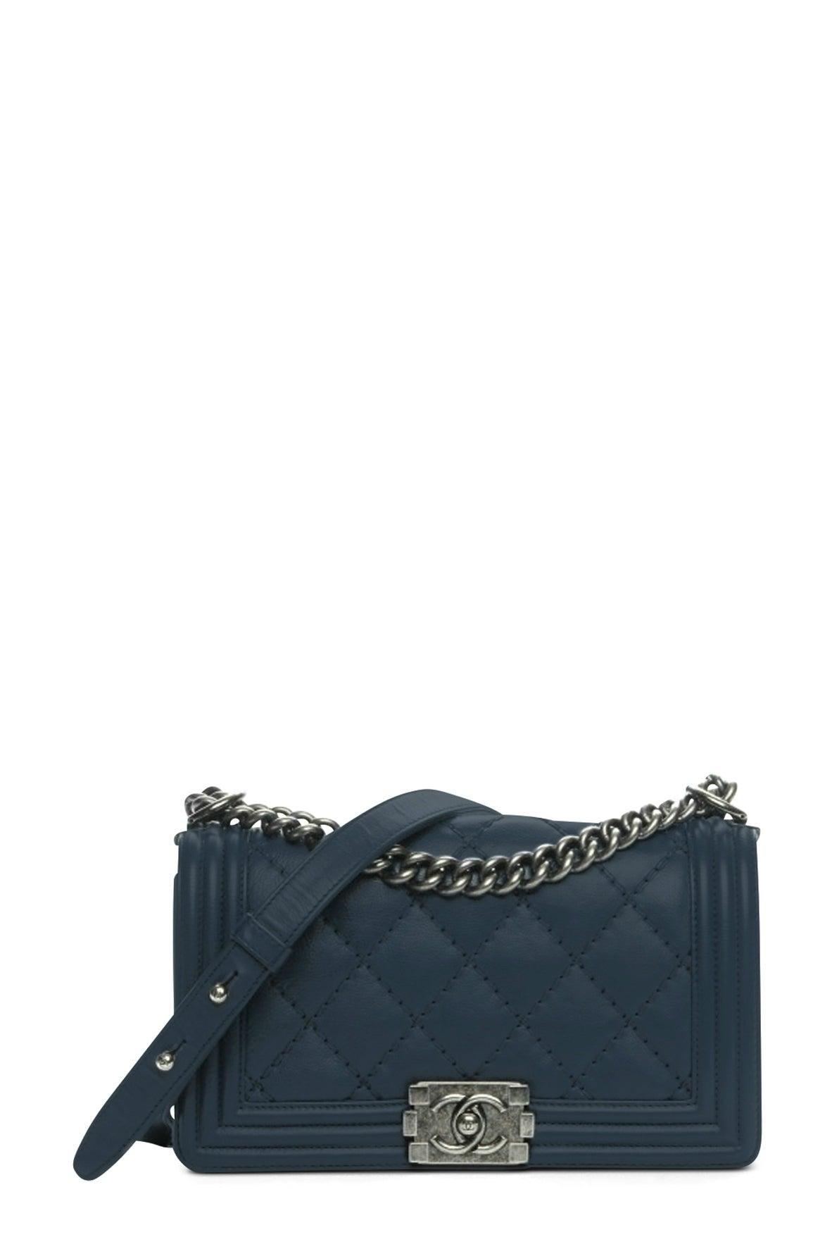 Quilted Lambskin Old Medium Boy Navy in Ruthenium Hardware