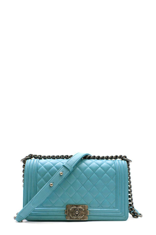 Quilted Lambskin Old Medium Boy in Ruthenium Hardware Turquoise