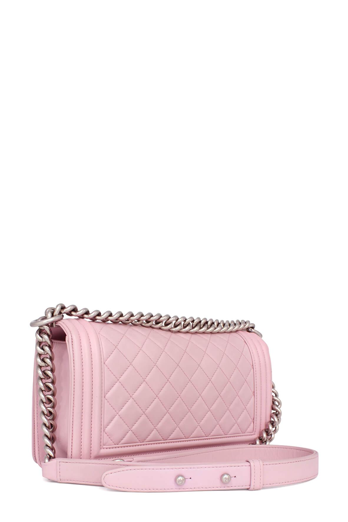 Quilted Lambskin Old Medium Boy Pastel Pink in Silver Hardware