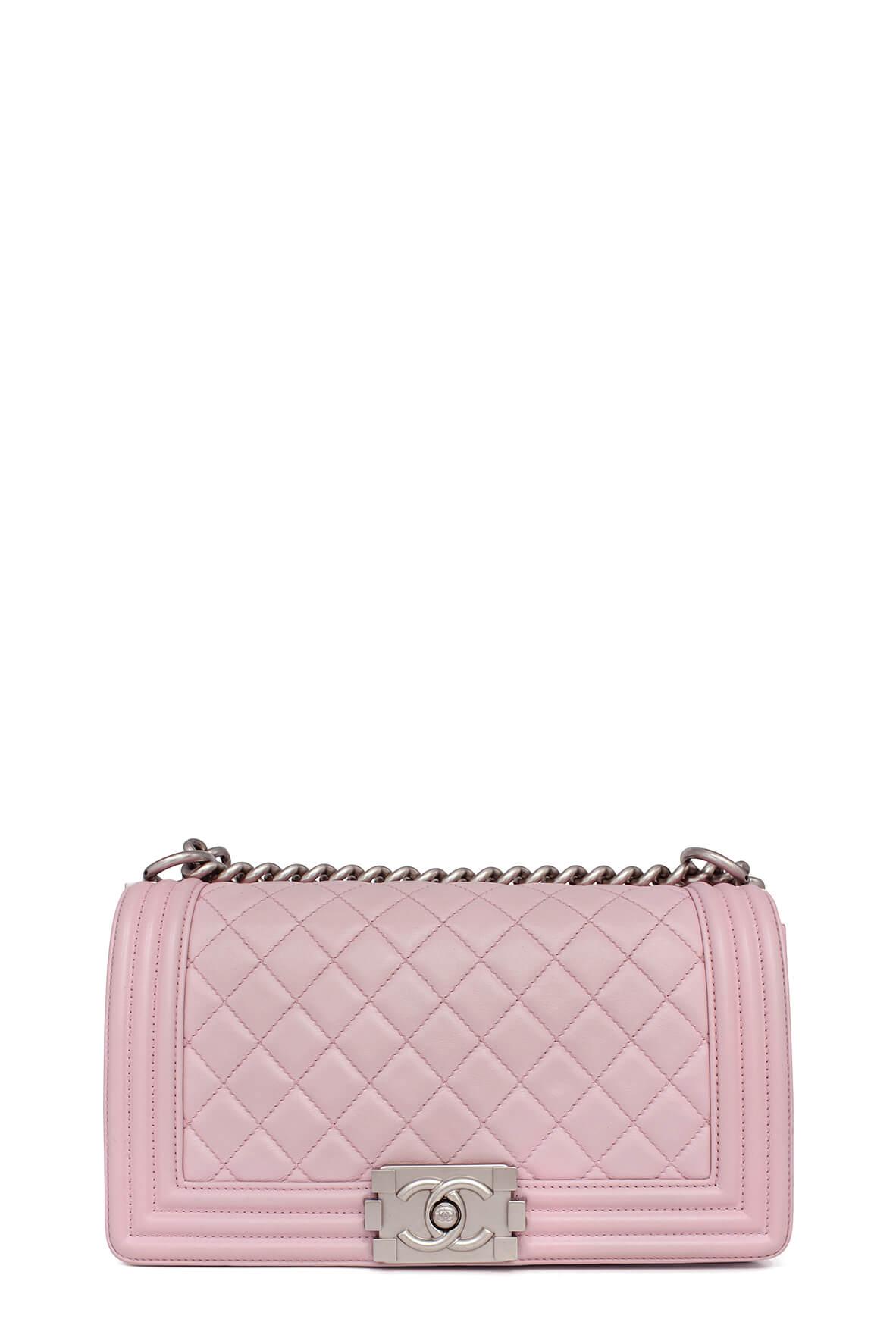 Quilted Lambskin Old Medium Boy Pastel Pink in Silver Hardware