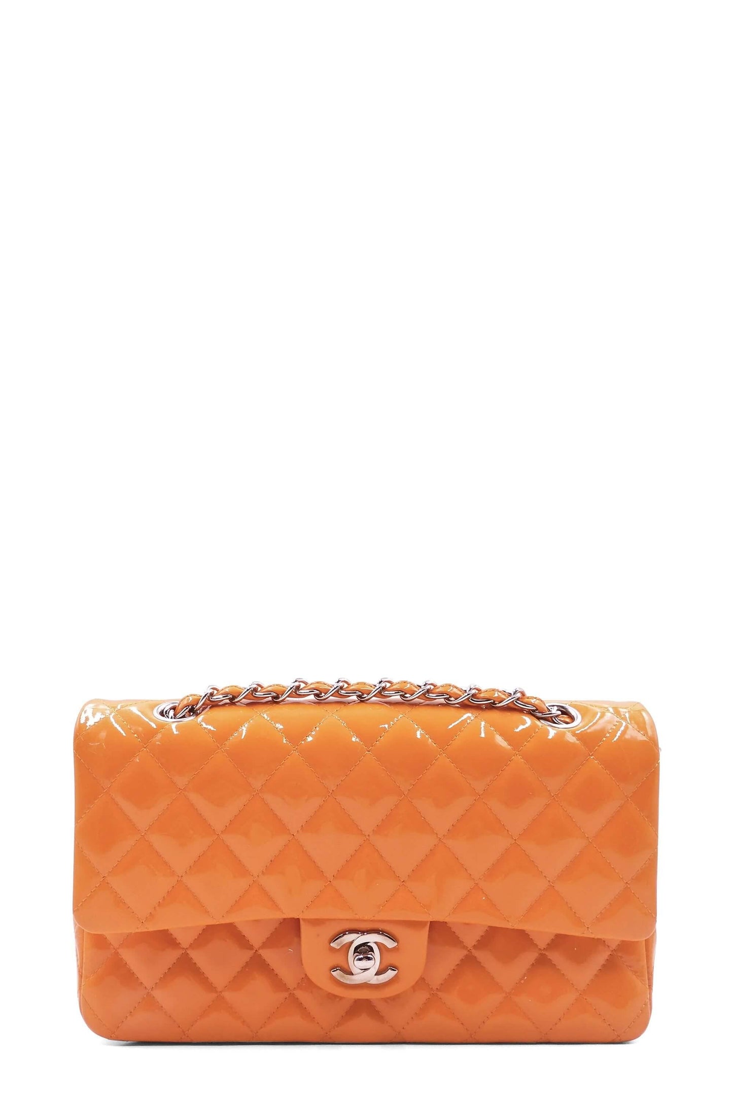 Quilted Patent Medium Classic Flap Bag Orange with Silver Hardware