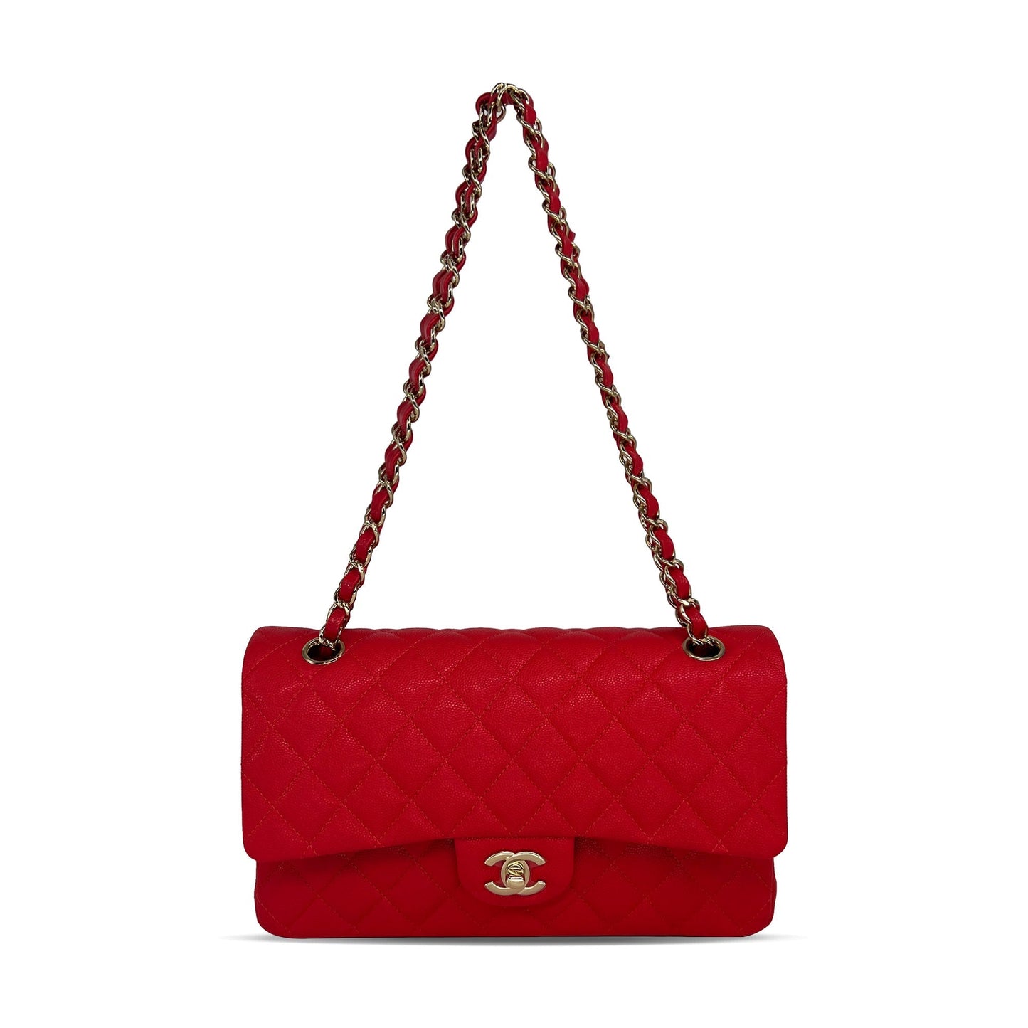 Pre owned Chanel watermelon red caviar leather double flap closure bag