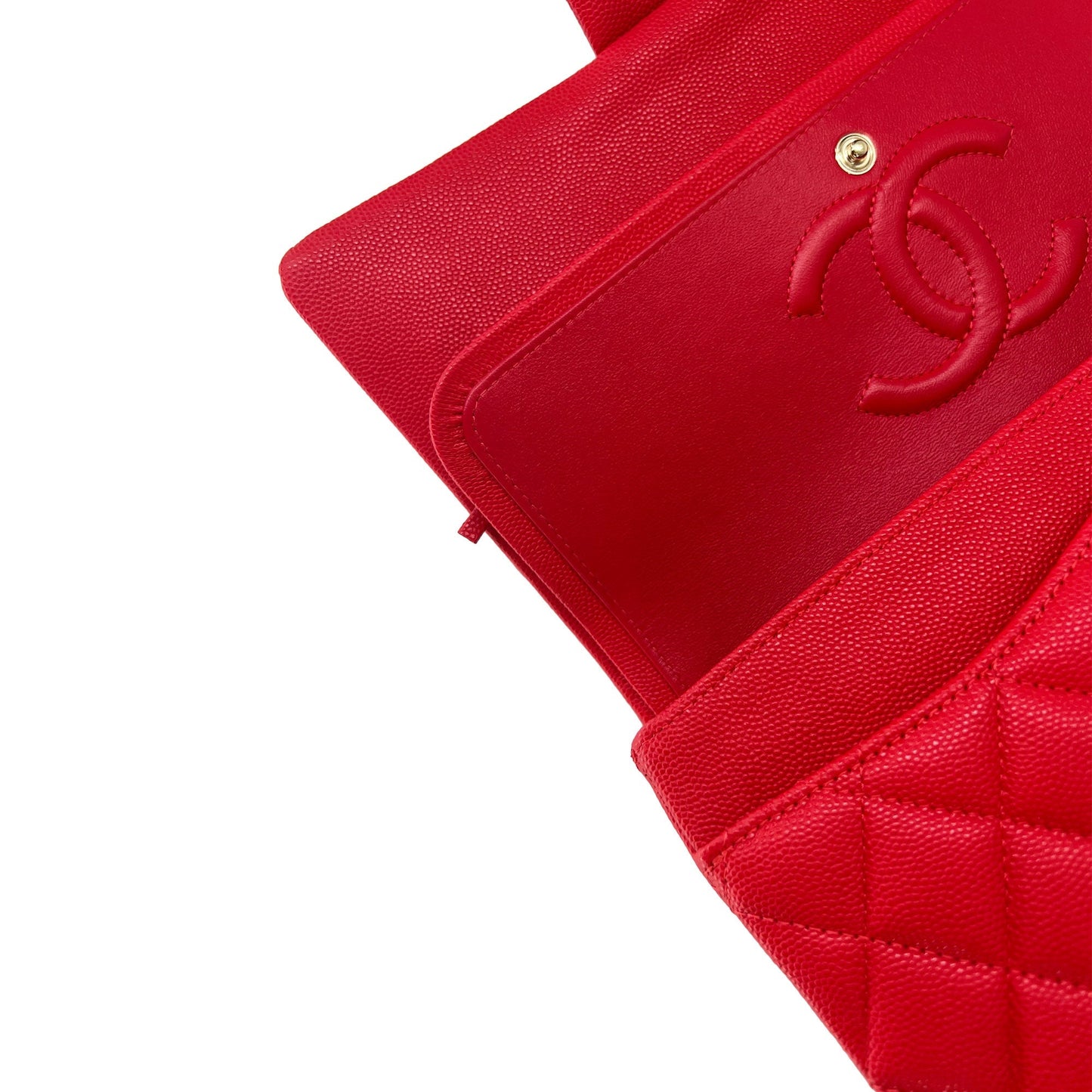 Pre owned Chanel watermelon red caviar leather double flap closure bag