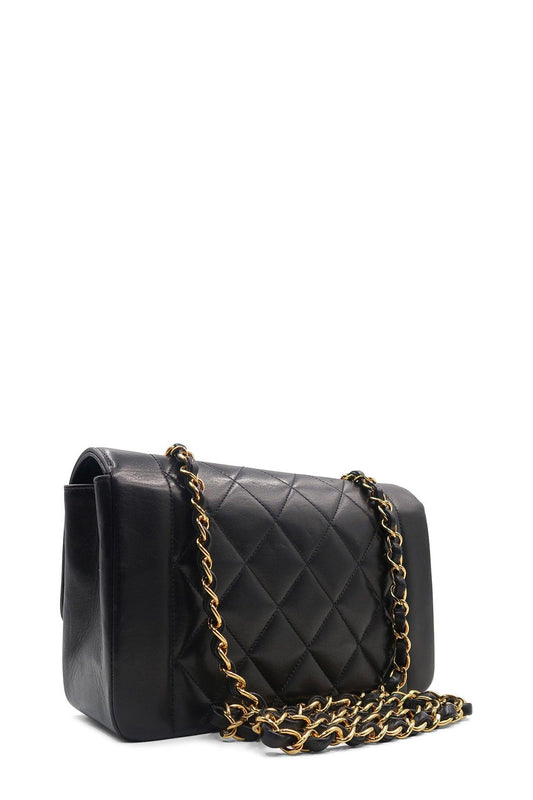 Vintage Quilted Lambskin Small Diana Flap with Gold Hardware Black