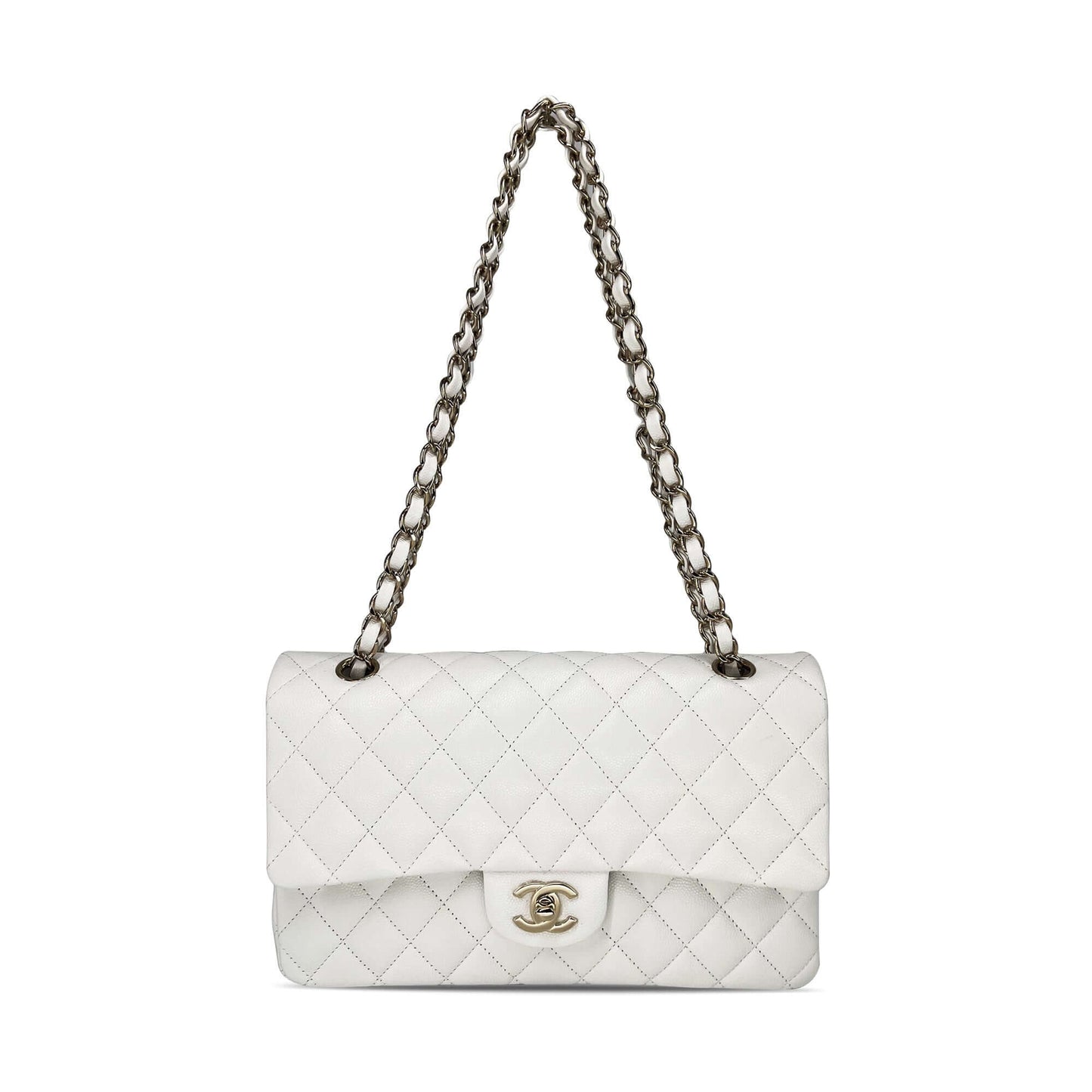 Pre owned Chanel optic white caviar leather double flap closure designer bag