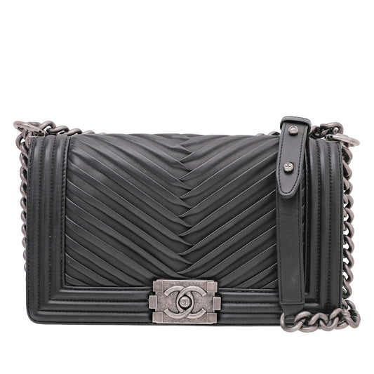 Chanel Black Chevron Pleated Boy Bag