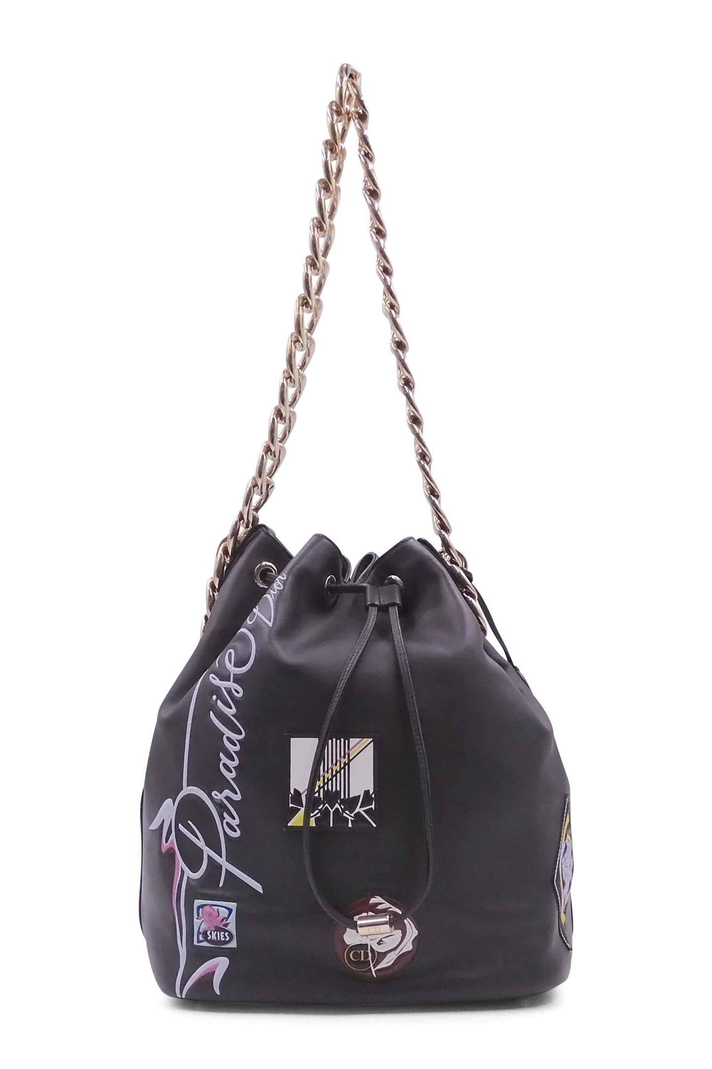 Drawstring Chain Bucket Bag Black