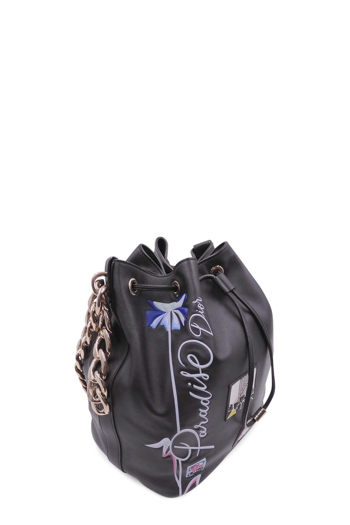 Drawstring Chain Bucket Bag Black