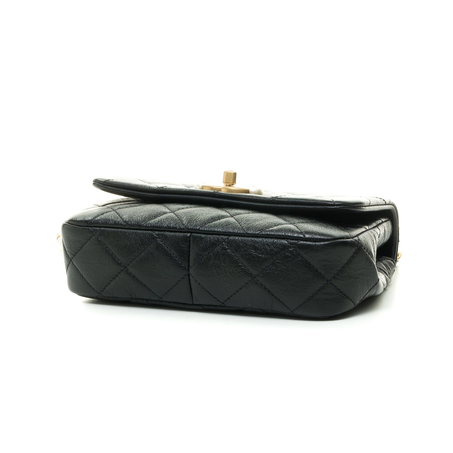 Single Flap Pearl Mini Black Crossbody Bag in Calfskin, Gold hardware