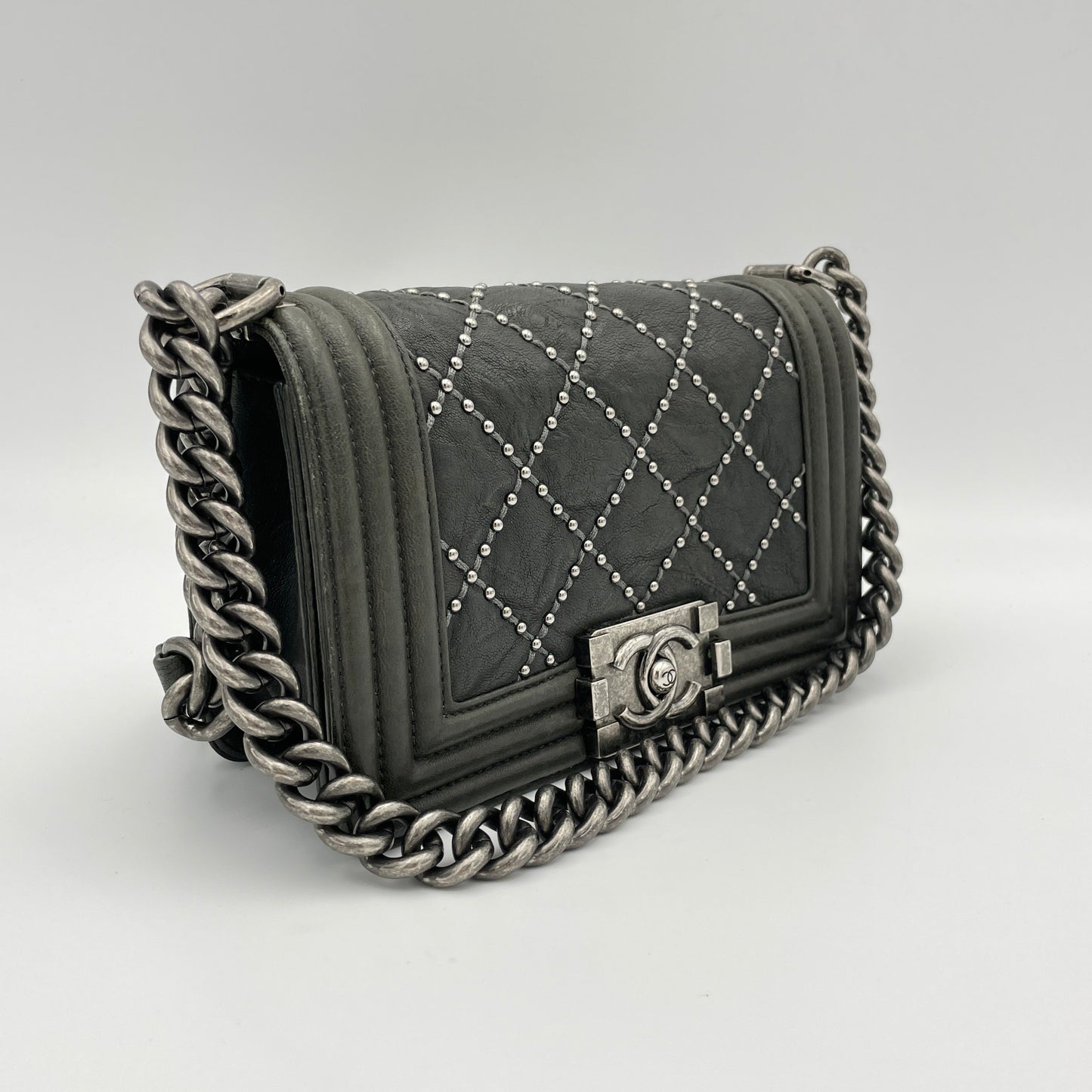 Studded Boy Small Grey Crossbody Bag in Calfskin, Ruthenium hardware