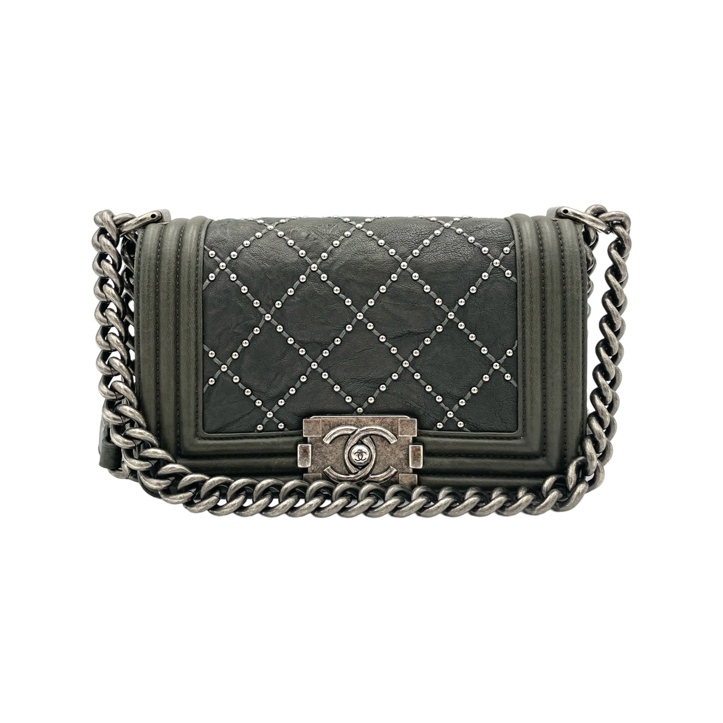 Studded Boy Small Grey Crossbody Bag in Calfskin, Ruthenium hardware