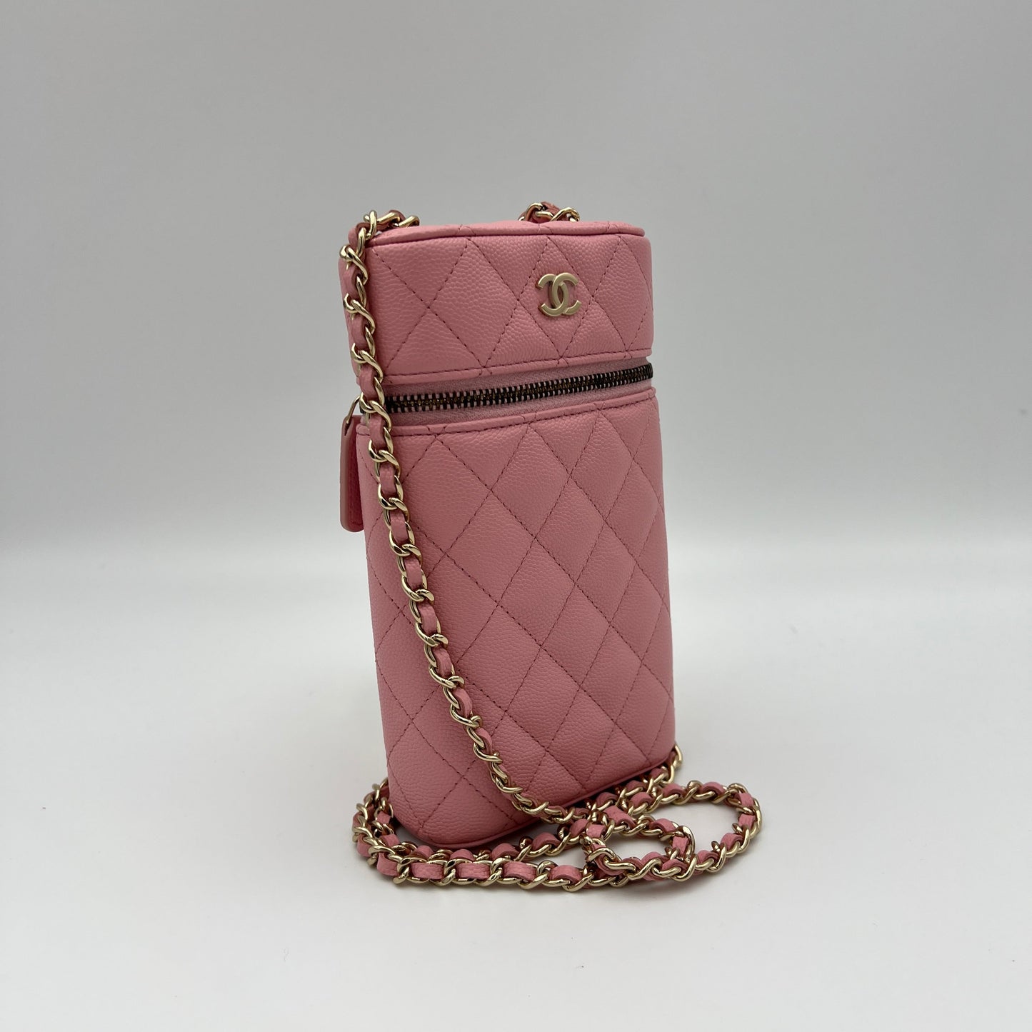 Vanity Phone Pink Crossbody Bag in Caviar Leather, Gold hardware