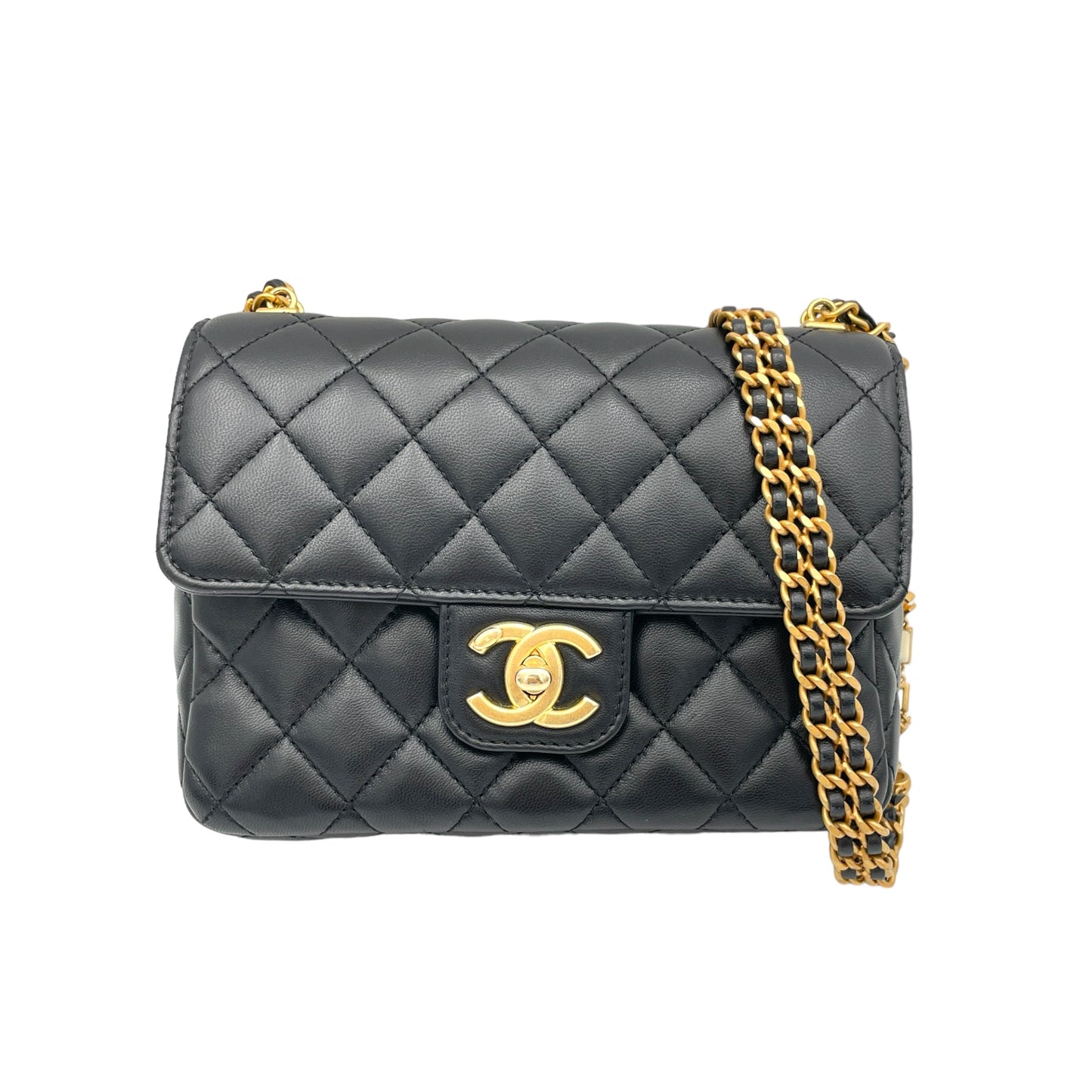 Square Flap Chain Black Crossbody Bag in Lambskin, Gold hardware