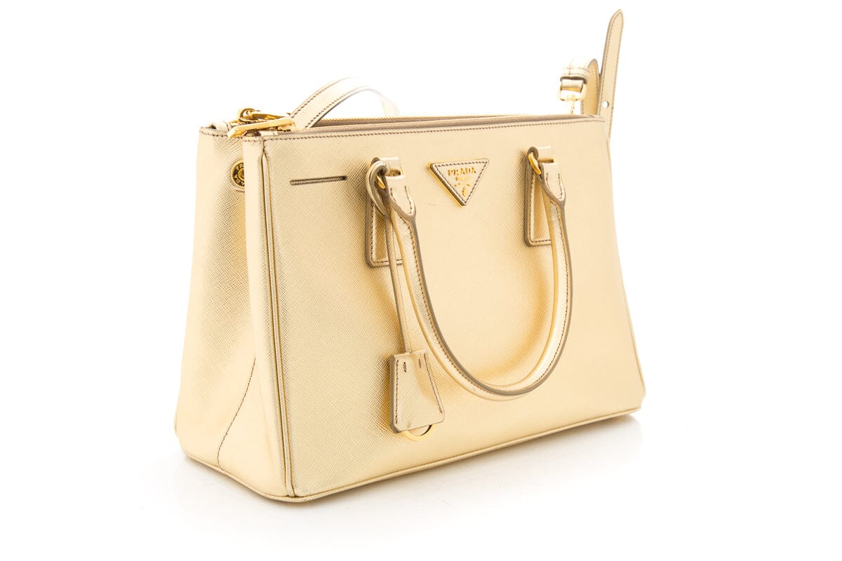 Prada Gold Metallic Saffiano Leather Double Zip Handbag