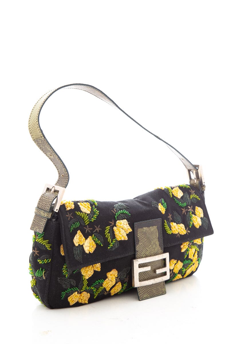 Fendi Black & Multi Beaded Floral Applique Baguette