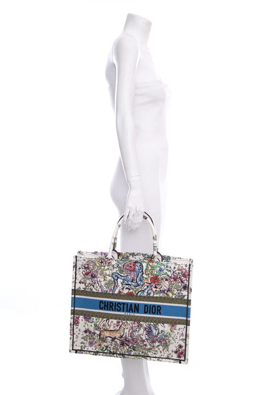 Dior White Floral Woodland Embroidered Book Tote Handbag