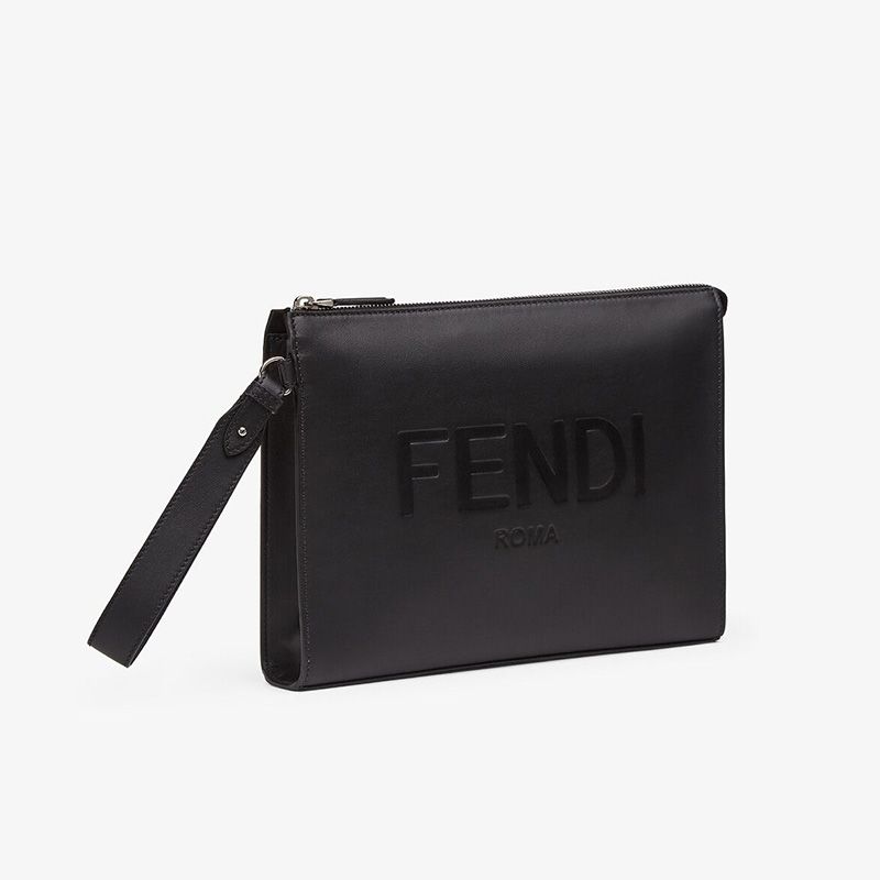 Fendi Flat Pouch In Roma Logo Calf Leather Black