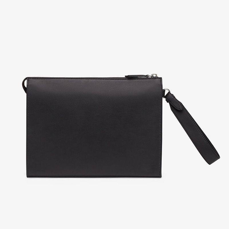 Fendi Flat Pouch In Roma Logo Calf Leather Black