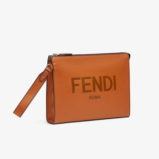 Fendi Flat Pouch In Roma Logo Calf Leather Brown