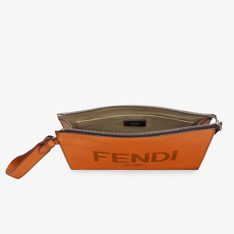 Fendi Flat Pouch In Roma Logo Calf Leather Brown