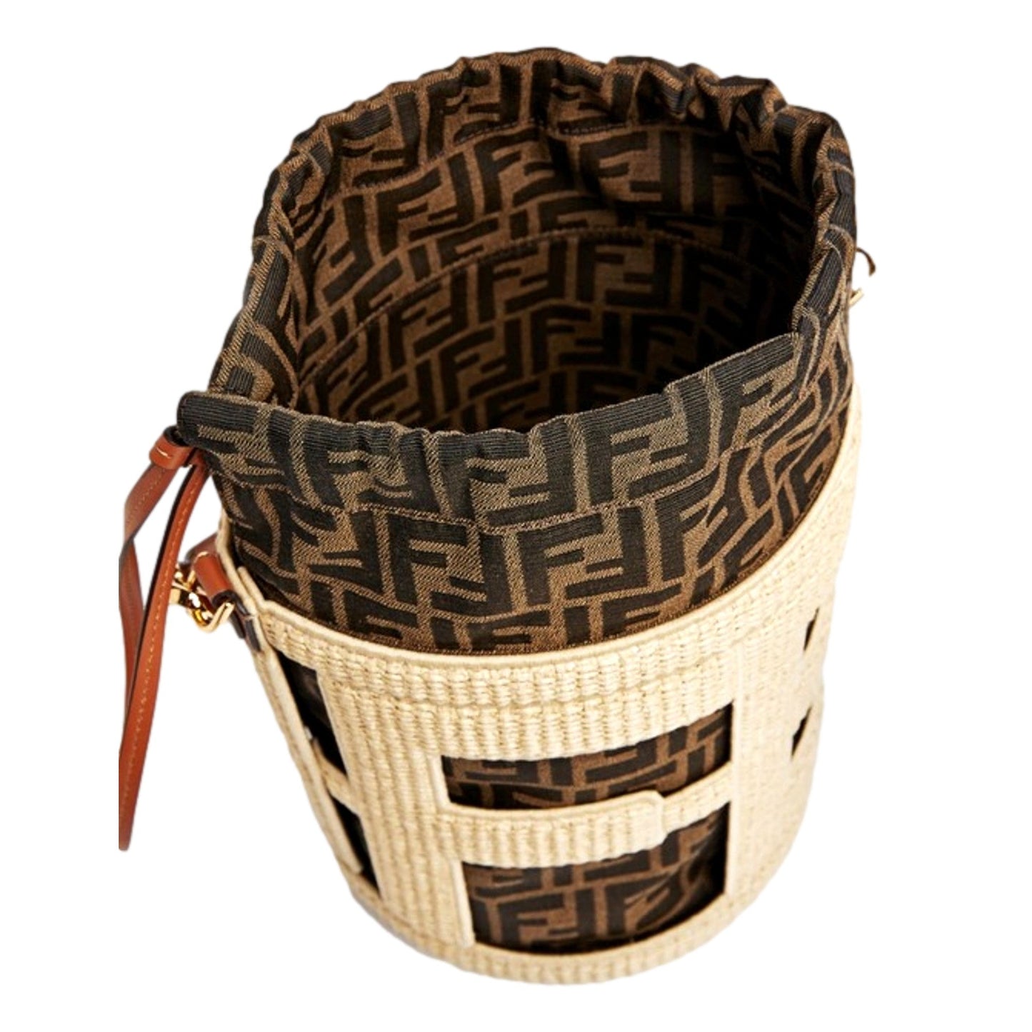 Fendi Step Out Straw and Canvas Medium Shoulder Bucket Bag