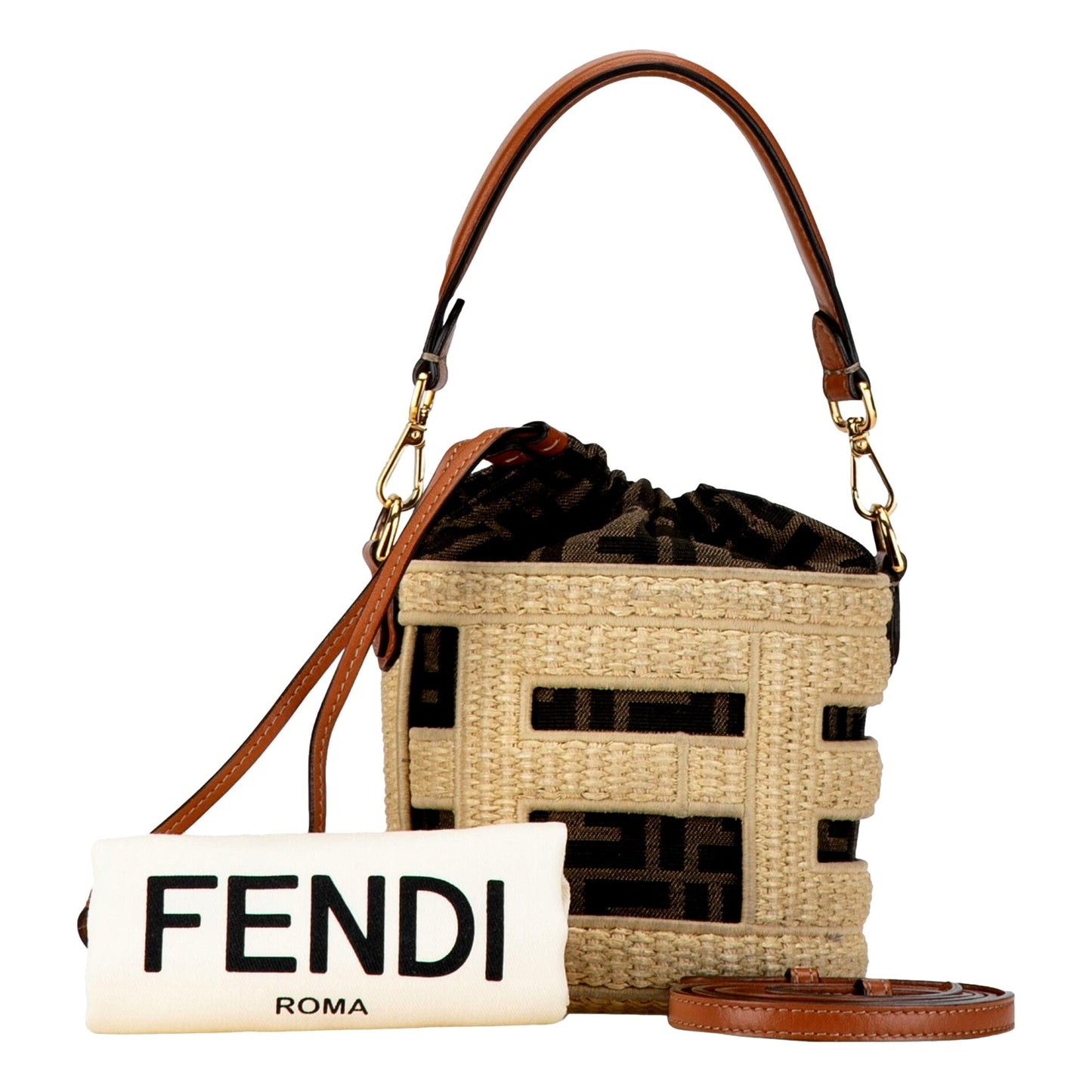 Fendi Step Out Straw and Canvas Medium Shoulder Bucket Bag