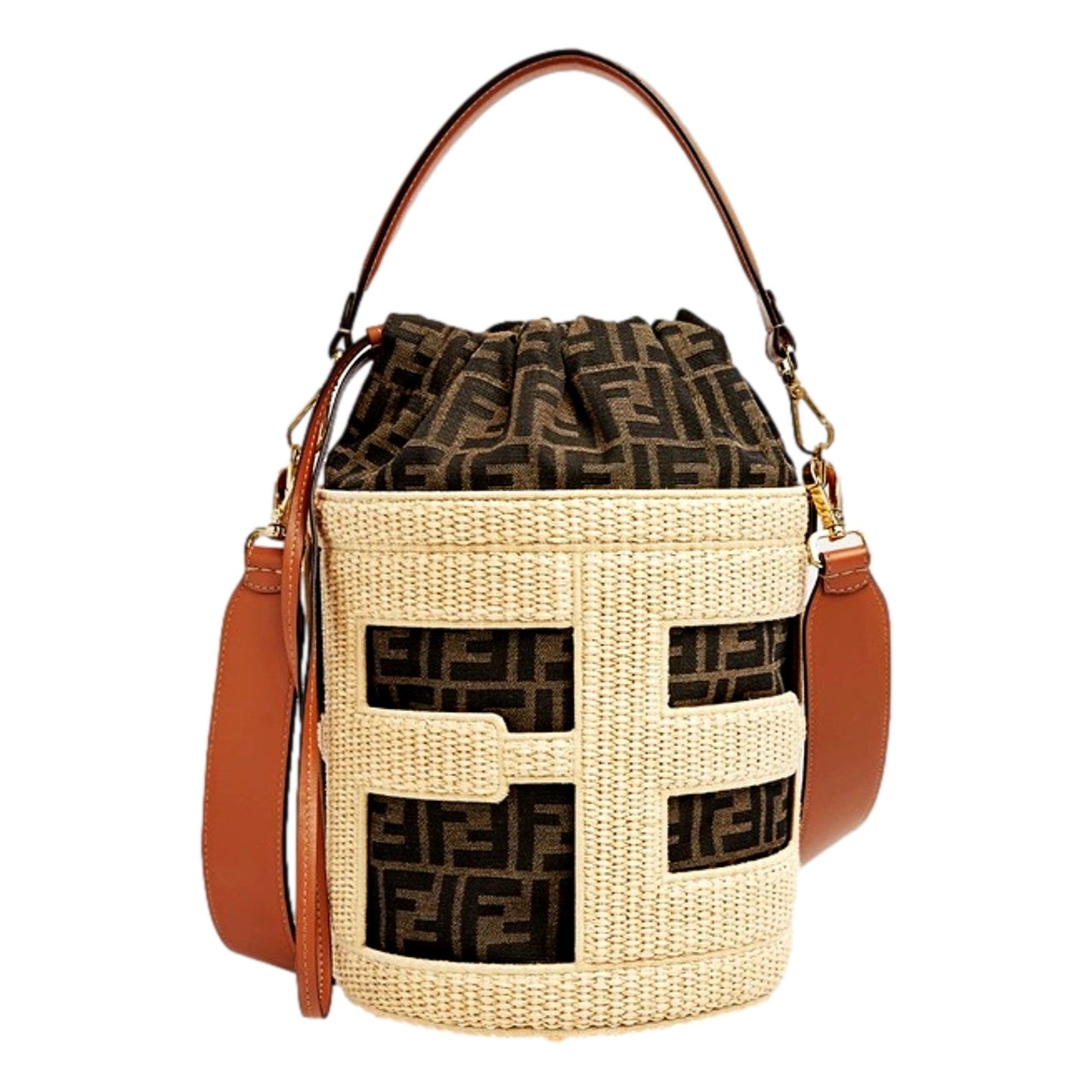 Fendi Step Out Straw and Canvas Medium Shoulder Bucket Bag