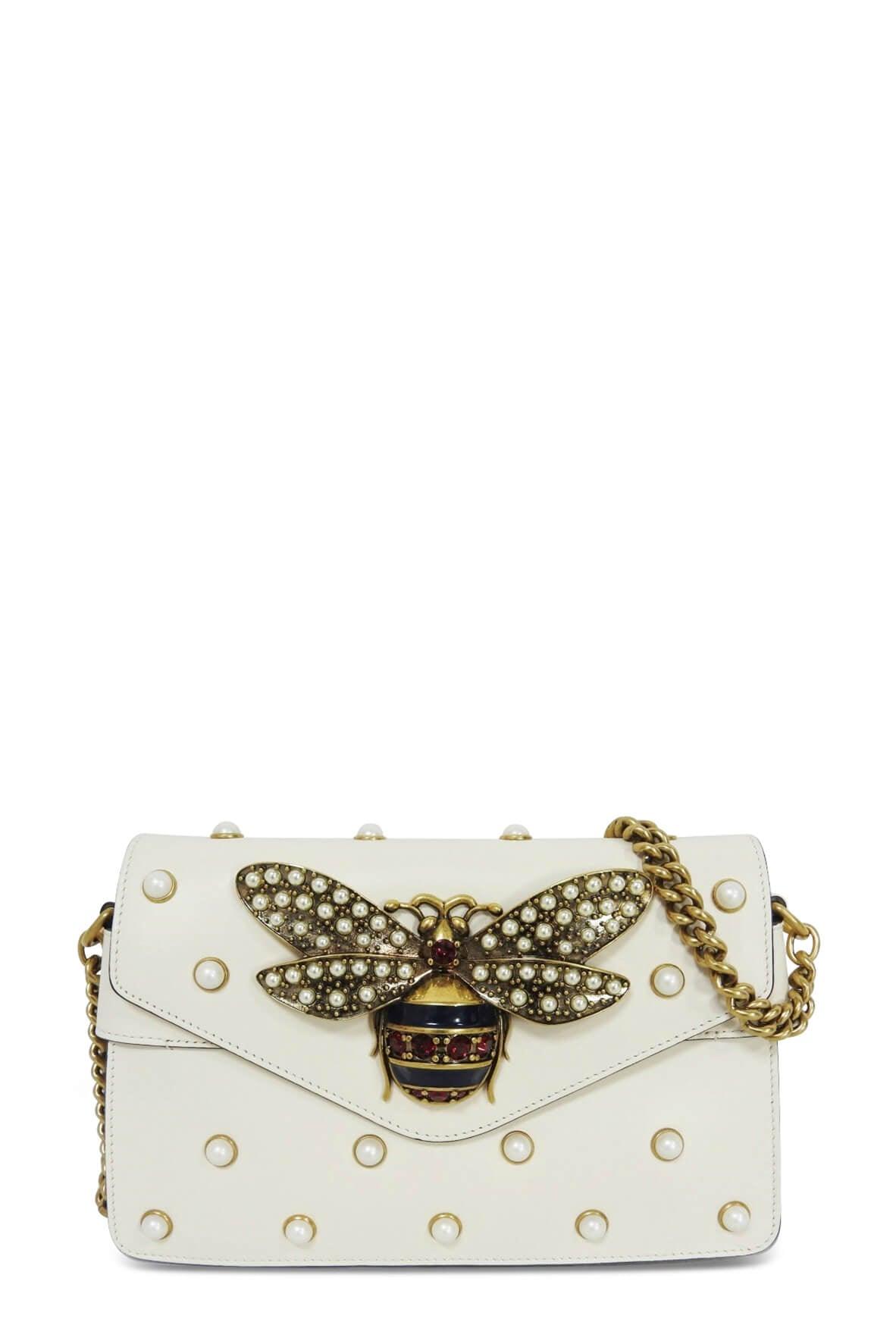 Broadway Bee Embellished Leather Shoulder Bag Cream