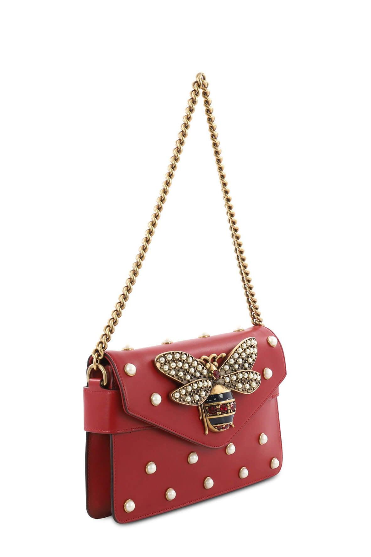 Broadway Bee Embellished Leather Shoulder Bag Red