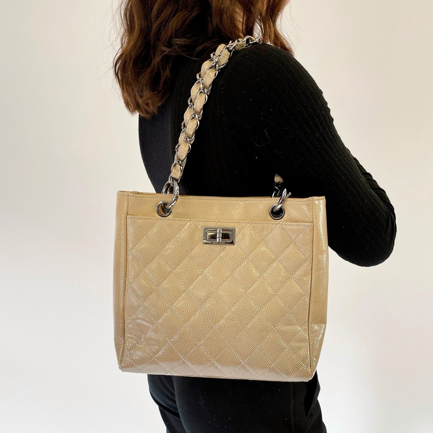 Chanel Mademoiselle Quilted Ombre Patent Caviar Leather Diamond Shine Tote