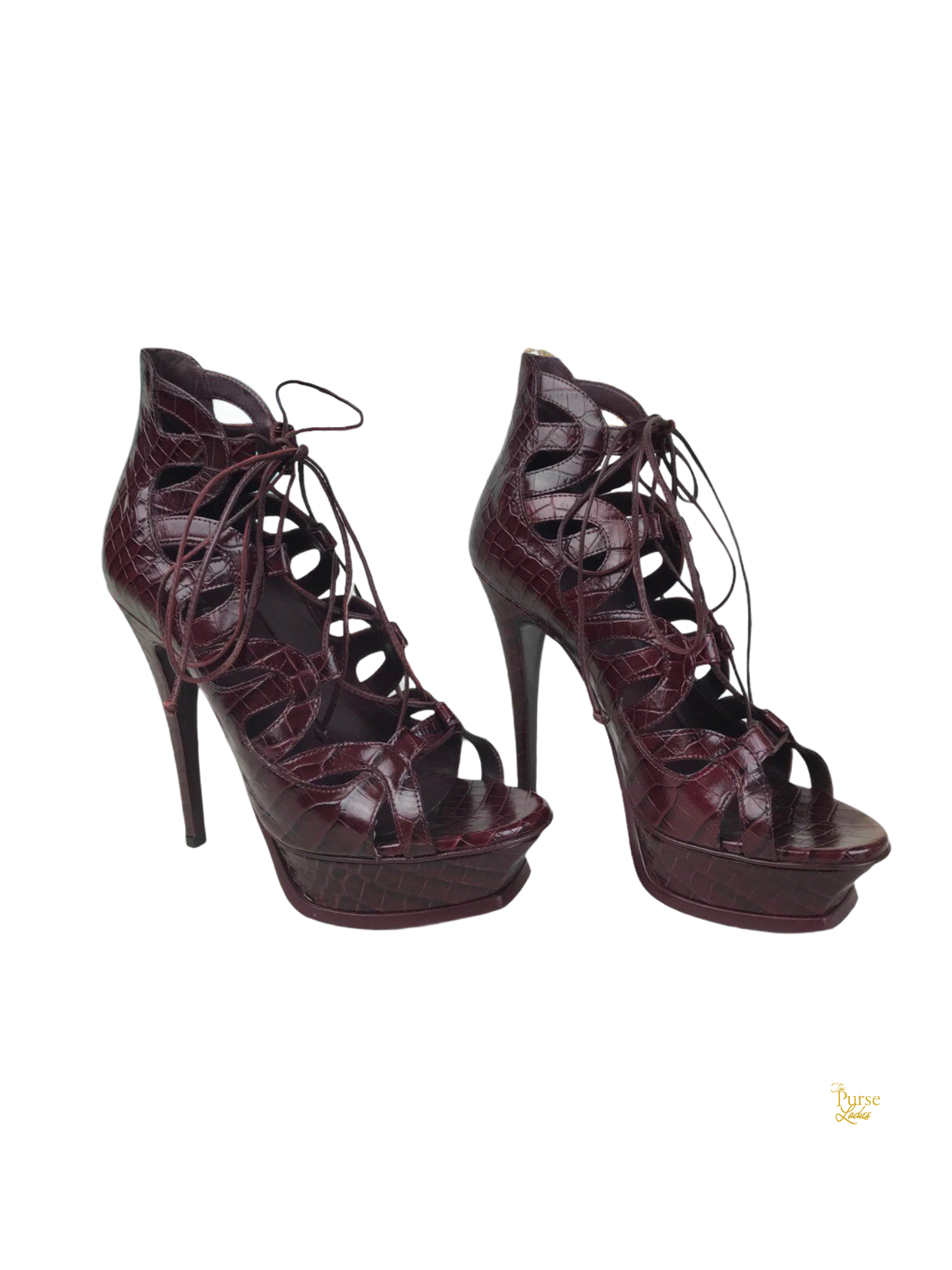 YVES SAINT LAURENT Tribute Croc Embossed Lace up Heels