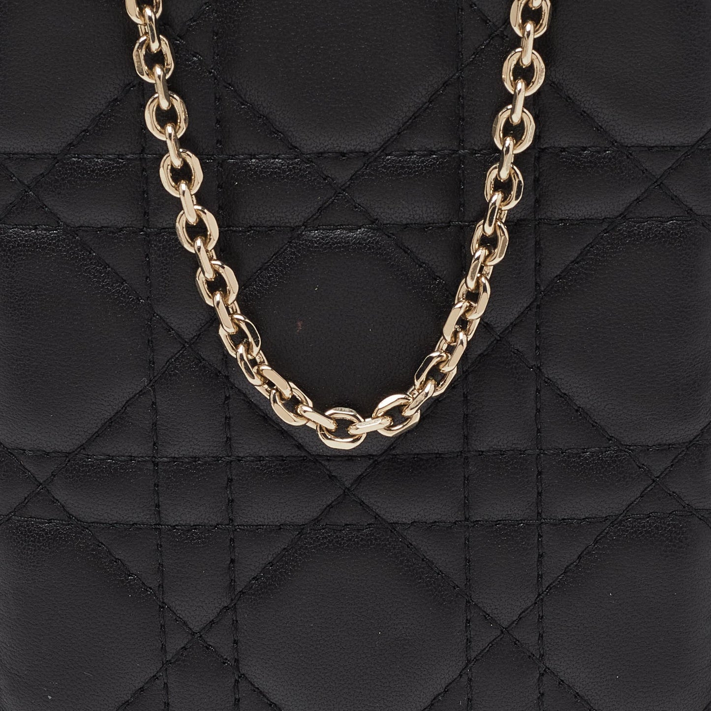 DIOR Black Cannage Leather Lady  Chain Phone Holder Crossbody Bag