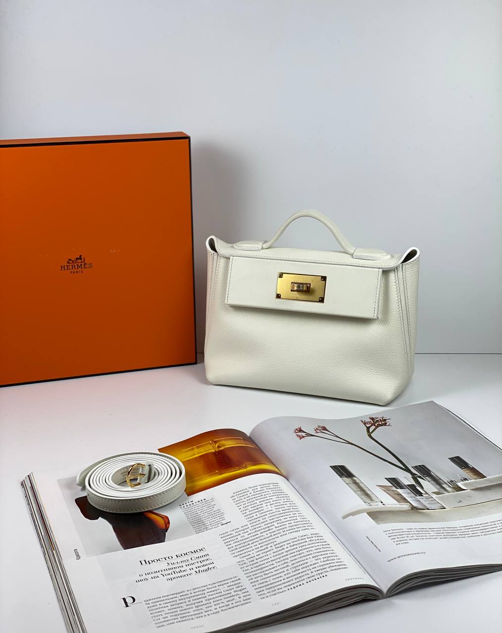 Hermes 24/24 Bag Evercolor with Swift 21  white Gold Hardware