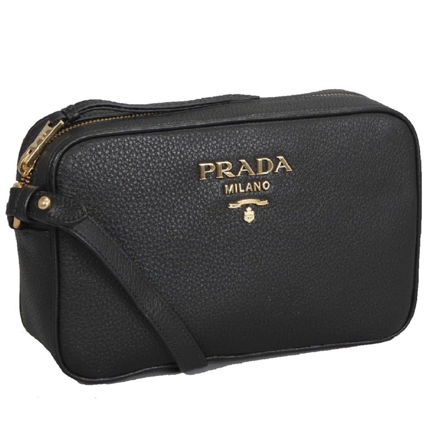 Prada Vitello Phenix Black Leather Gold Logo Camera Crossbody Bag