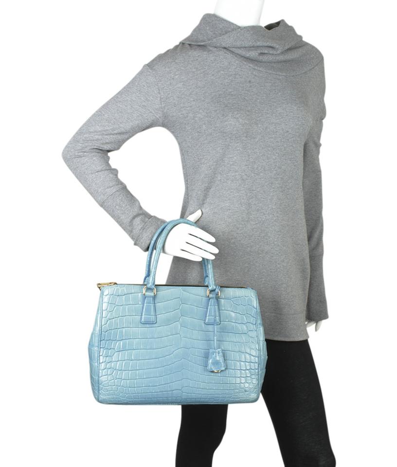 Prada Double Lux Medium Zip Crocodile Blue Leather Tote