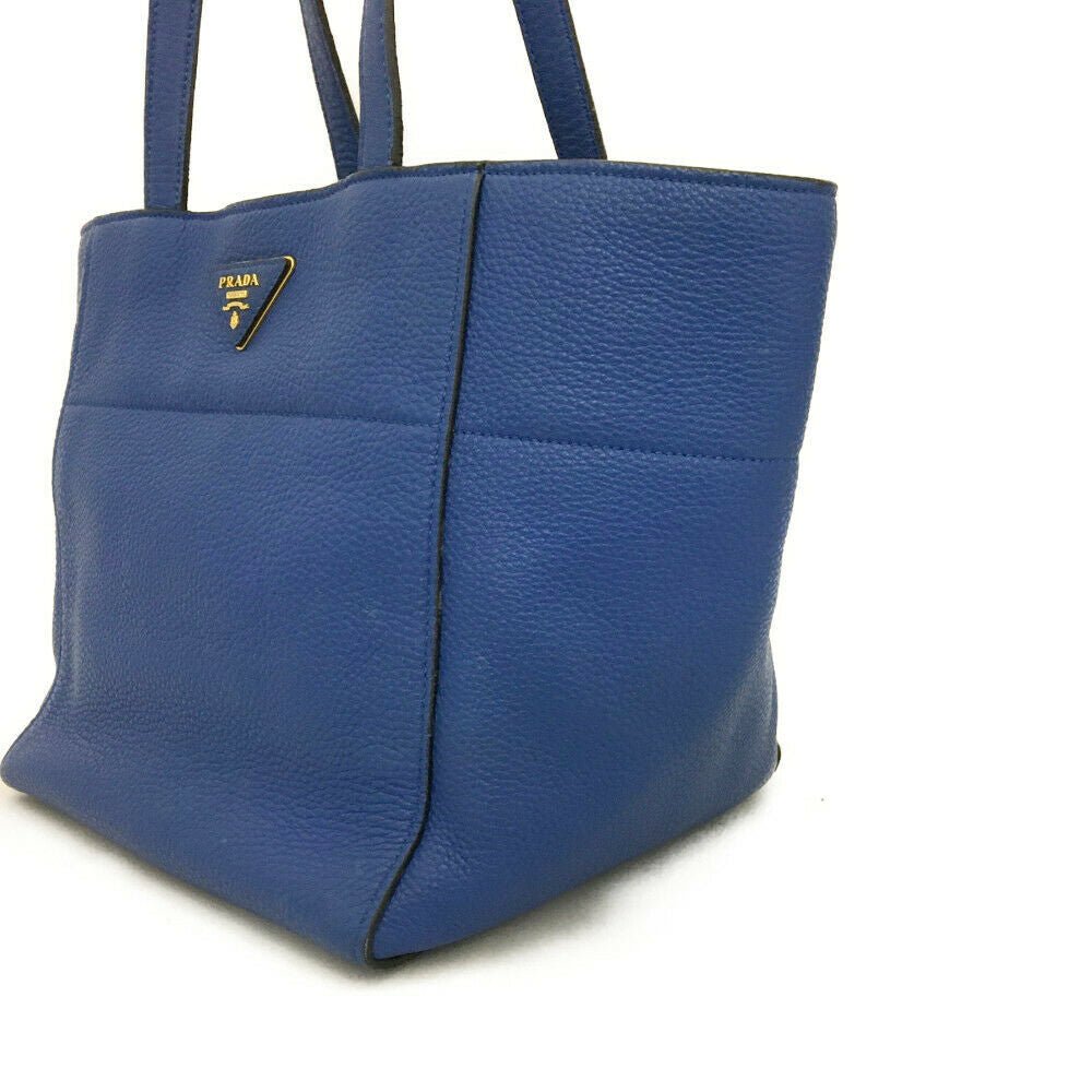 PRADA Logo Plate Blue Leather Tote Bag