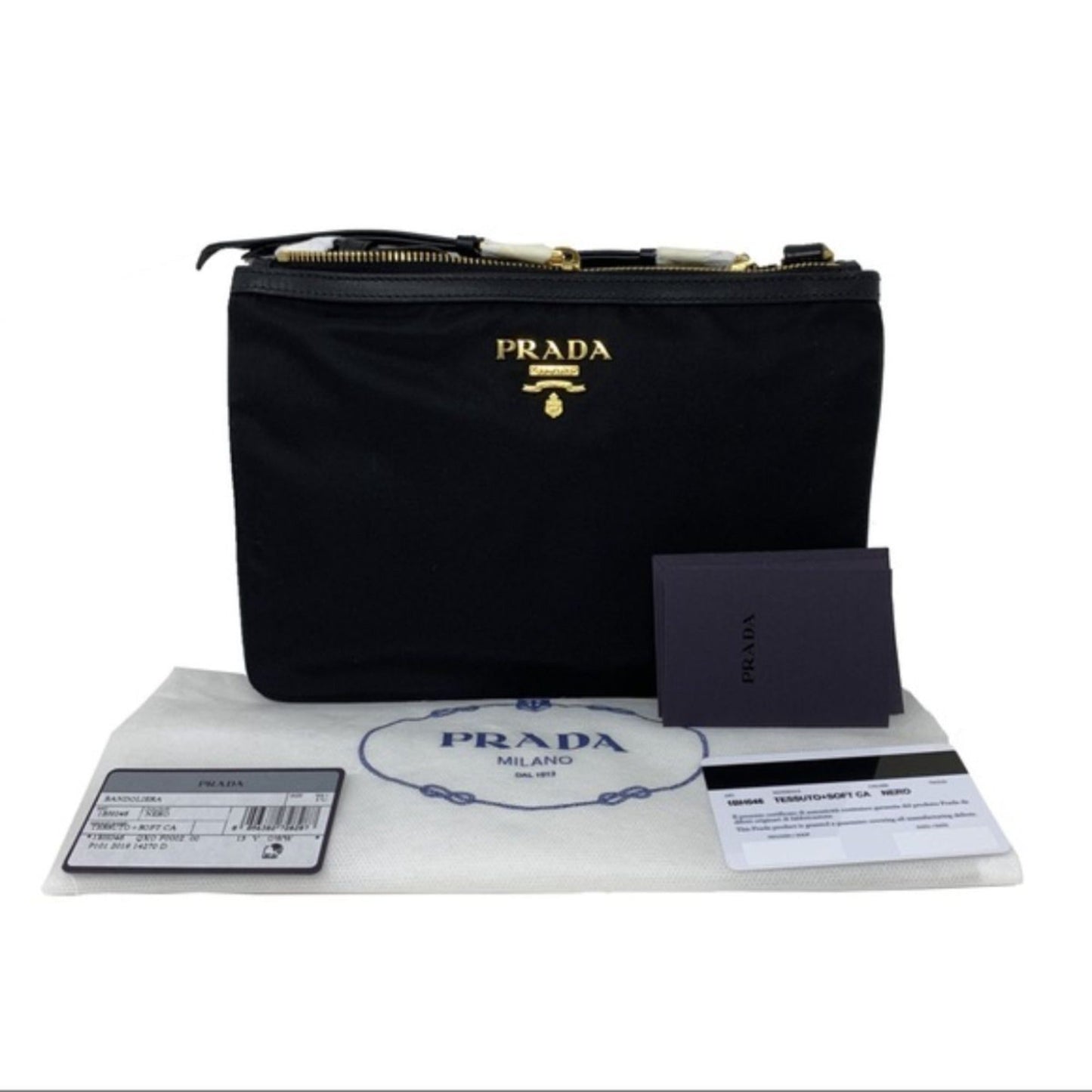 Prada Logo Tessuto Nylon Soft Calf Trim Black Cross Body Bag