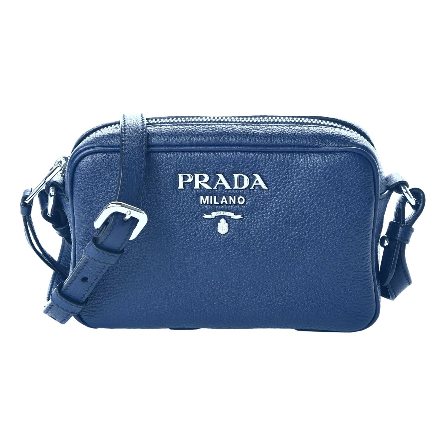 Prada Vitello Phenix Blue Leather Silver Logo Small Camera Crossbody Bag