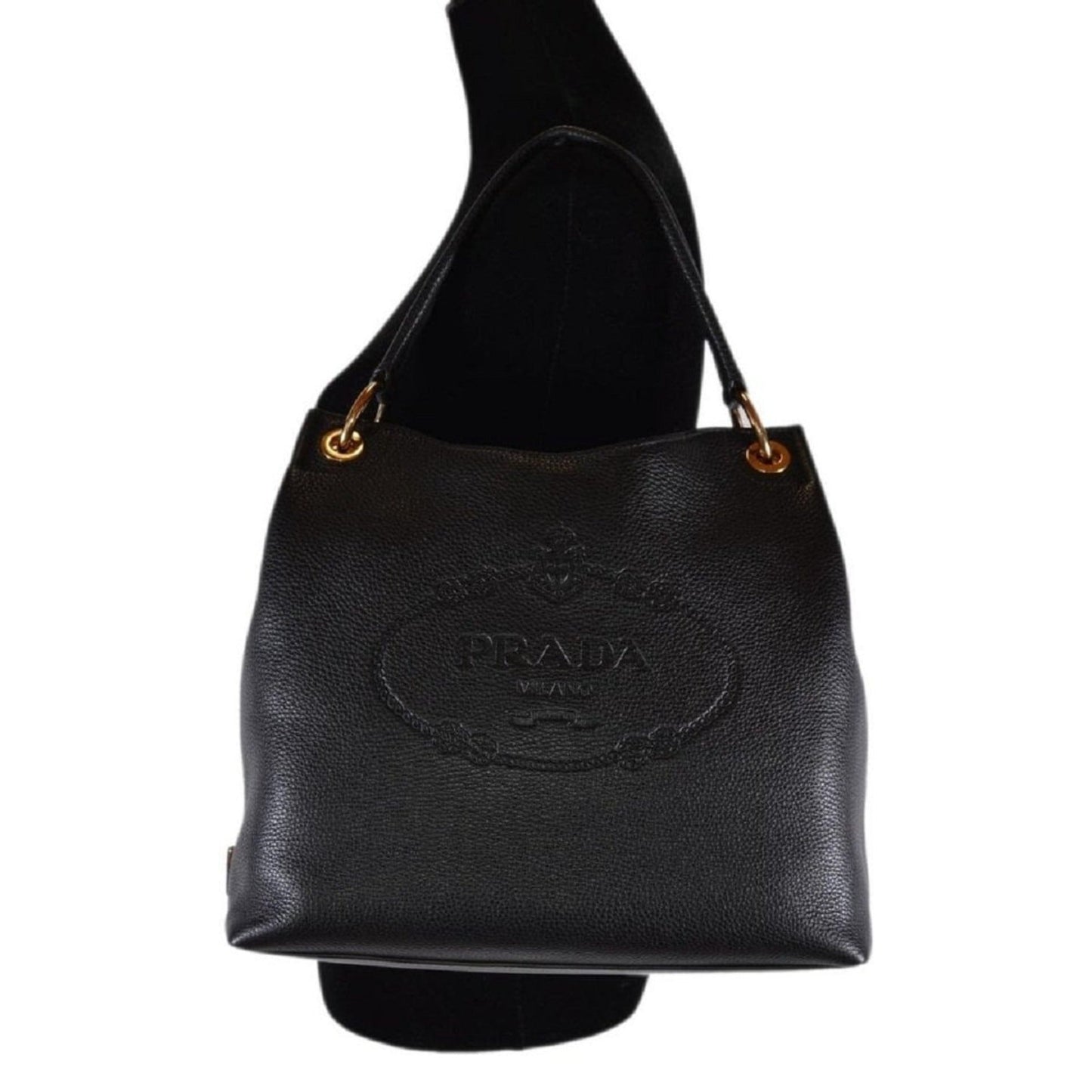 Prada Vitello Phenix Black Leather Embossed Logo Hobo Tote Bag