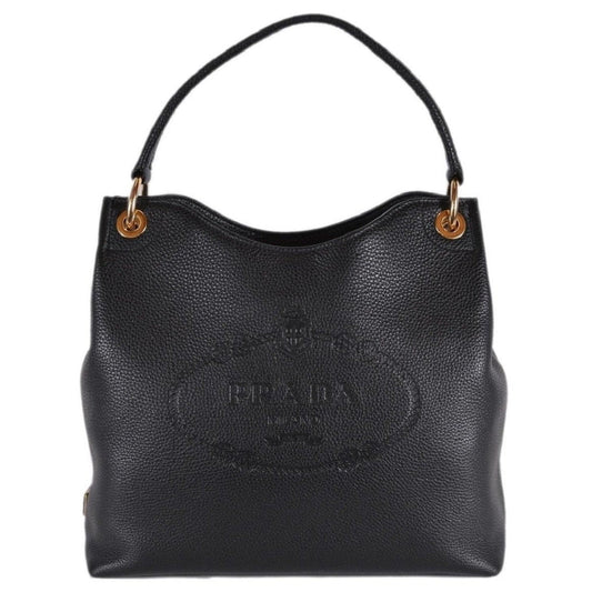 Prada Vitello Phenix Black Leather Embossed Logo Hobo Tote Bag