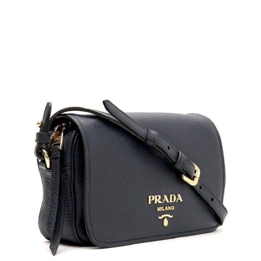 Prada Vitello Phenix Baltico Blue Leather Flap Medium Crossbody Bag